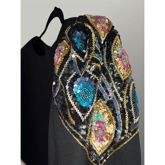 Rare Vtg Jack Bryan Stunning Evening Chiffon, Dress Black‎ And Gold Sequined - Picture 4 of 4